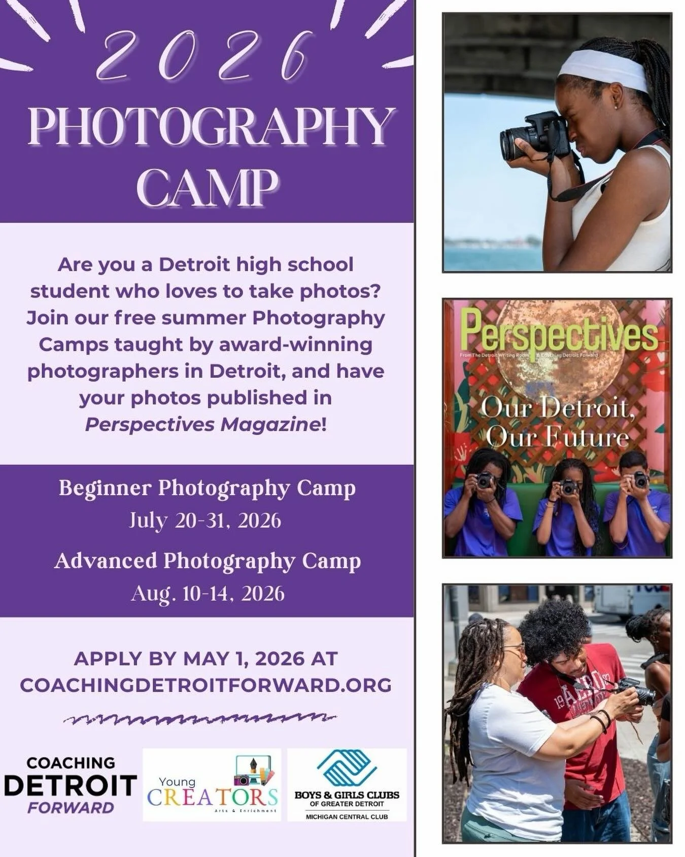 📸🌆 Calling Detroit high school students! Applications are OPEN for @CoachingDetroitForward&rsquo;s FREE Summer Photography Camps!

✨ Beginner Camp July 20 - 31, 2026 at @BambooCowork
✨ Advanced Camp Aug. 10 - 14, 2026 at @MichiganCentralDetroit

Le