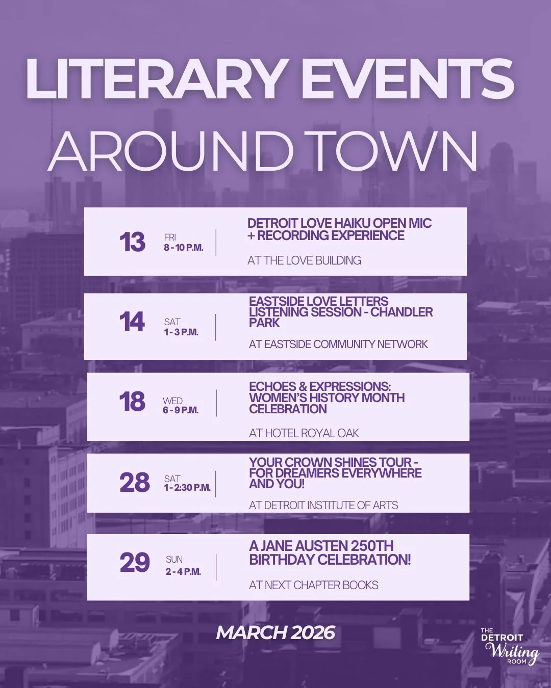 March is National Reading Month and Women&rsquo;s History Month! The Detroit area is full of ways to celebrate 📚✨

Check out these local events: 

March 13 - Detroit Love Haiku Open Mic + Recording Experience at @thelovebuilding with @jessicacaremoo