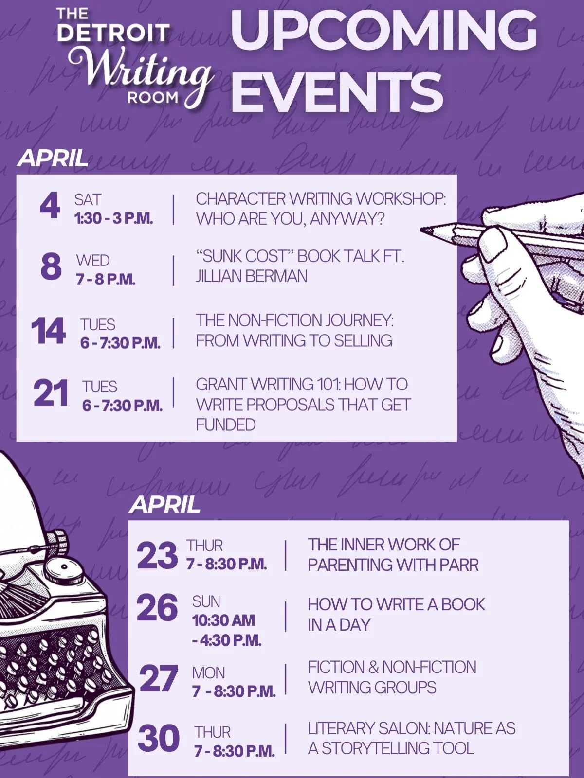 Join us at our upcoming events in April, May and June! 👀

We&rsquo;re hosting workshops at @wsupress, @michigancentraldetroit, @driftercoffee and online!

Come write, connect and create with us. See you soon!

Register and learn more in our bio 🔗 o