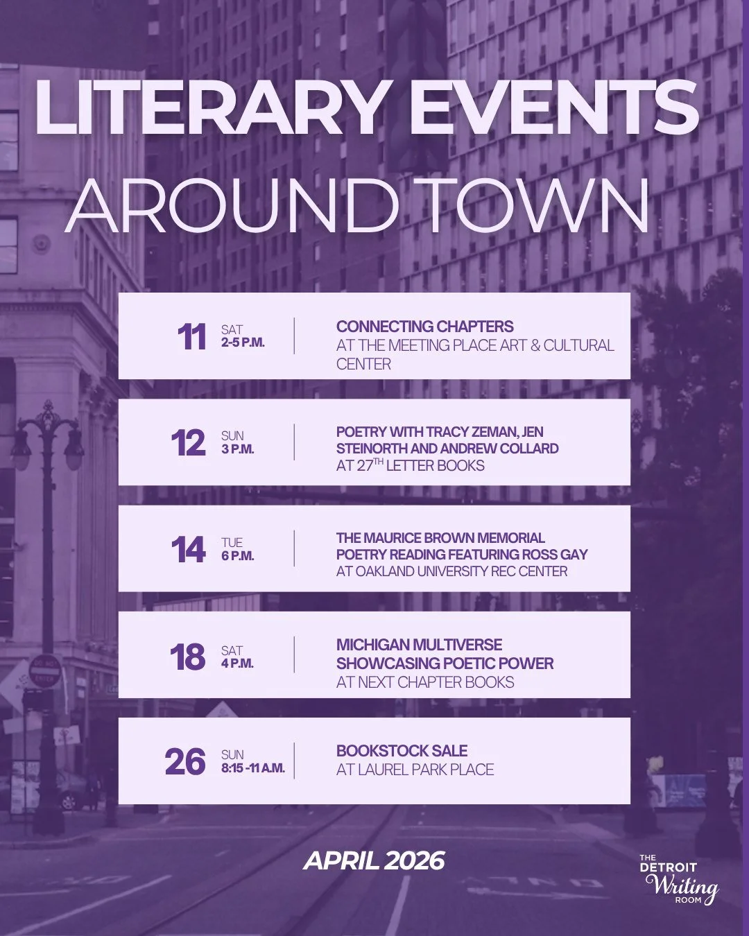 April is National Poetry Month! The Detroit area is full of ways to celebrate 📚✨

Check out these local events: 

April 11 - Connecting Chapters Through Written Thoughts and Voices! Learn how to begin writing with confidence and network with local a