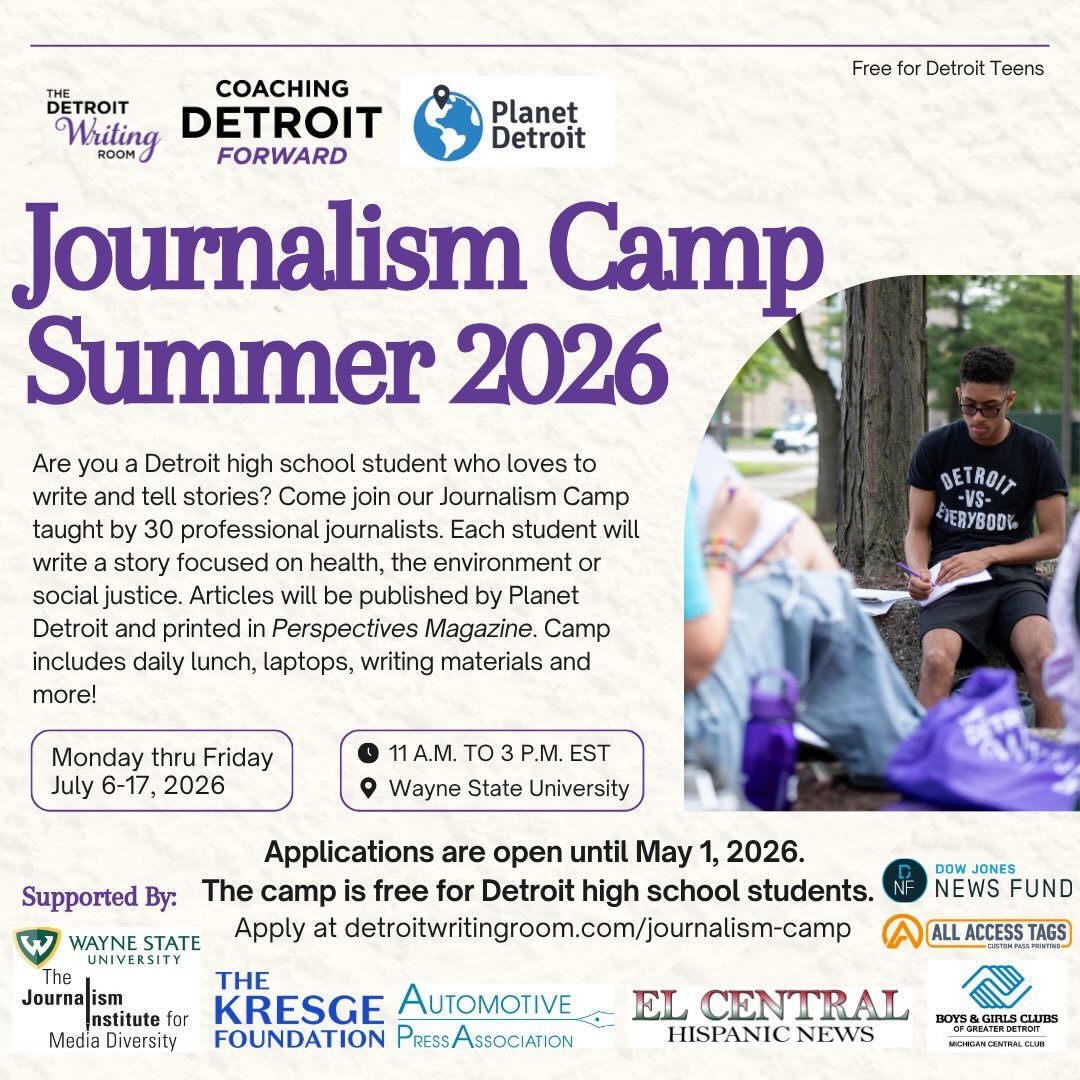 REMINDER: Camp applications close May 1! 📣

Detroit high school students, don&rsquo;t miss your chance to level up your storytelling this summer! ✍️📸 

Apply to attend The Detroit Writing Room&rsquo;s Journalism Camp in partnership with @CoachingDe