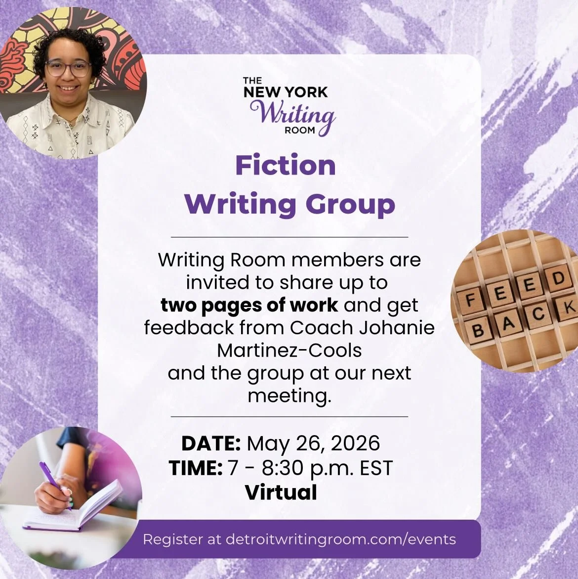 May Writing Group reminder ✍️📚
Join us on May 26, 2026 from 7&ndash;8:30 p.m. EST for our virtual Writing Group sessions.
This month&rsquo;s groups include:
📖 Fiction Writing Group &mdash; Share up to two pages of your work and receive thoughtful f
