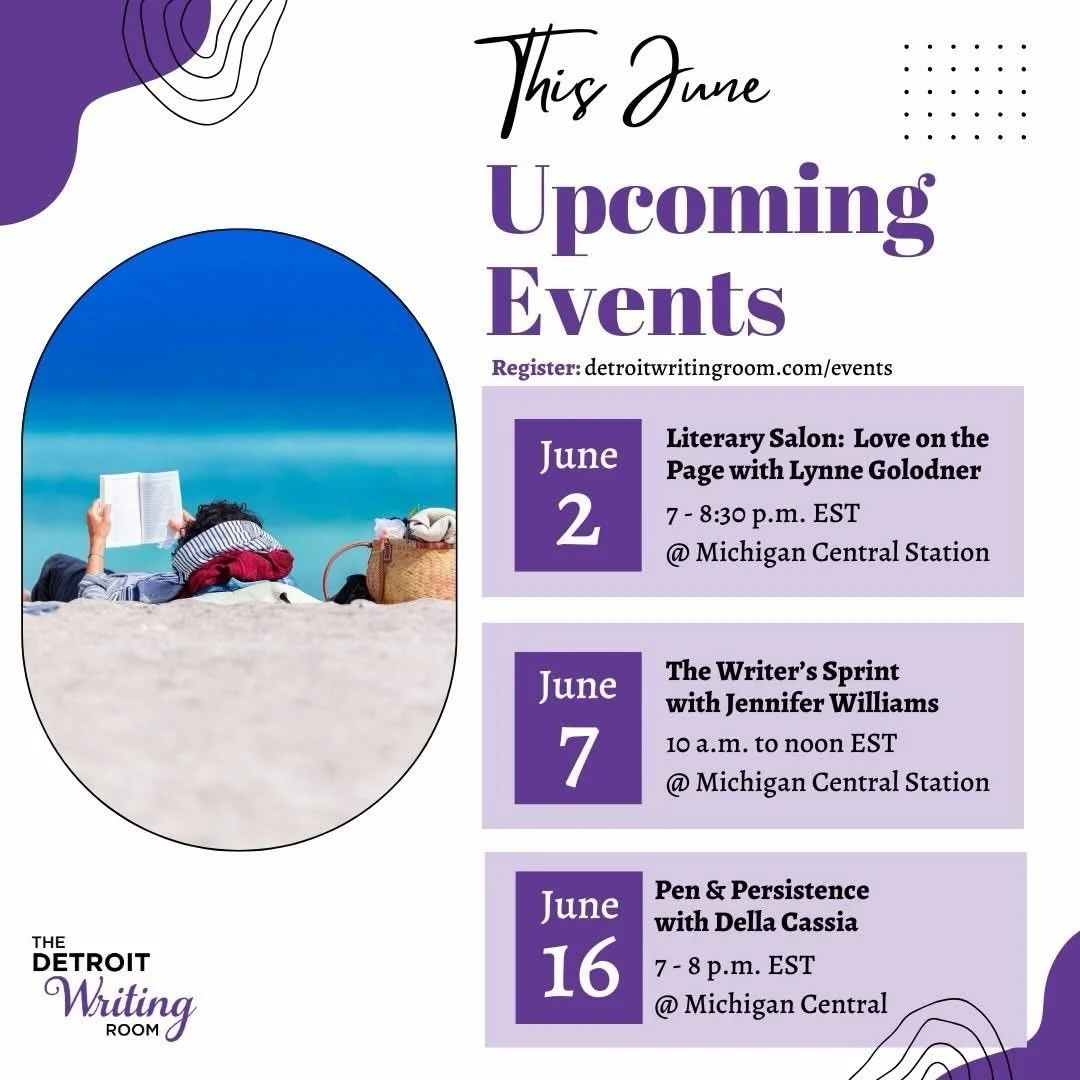 Hello June and warm days when we can read and write outside! 🔆✍️📖

This month, join us for literary-rich discussions, writing sprints and our support group for writers! 

Learn more and reserve your spot at detroitwritingroom.com/events!

💜🖊️
#de