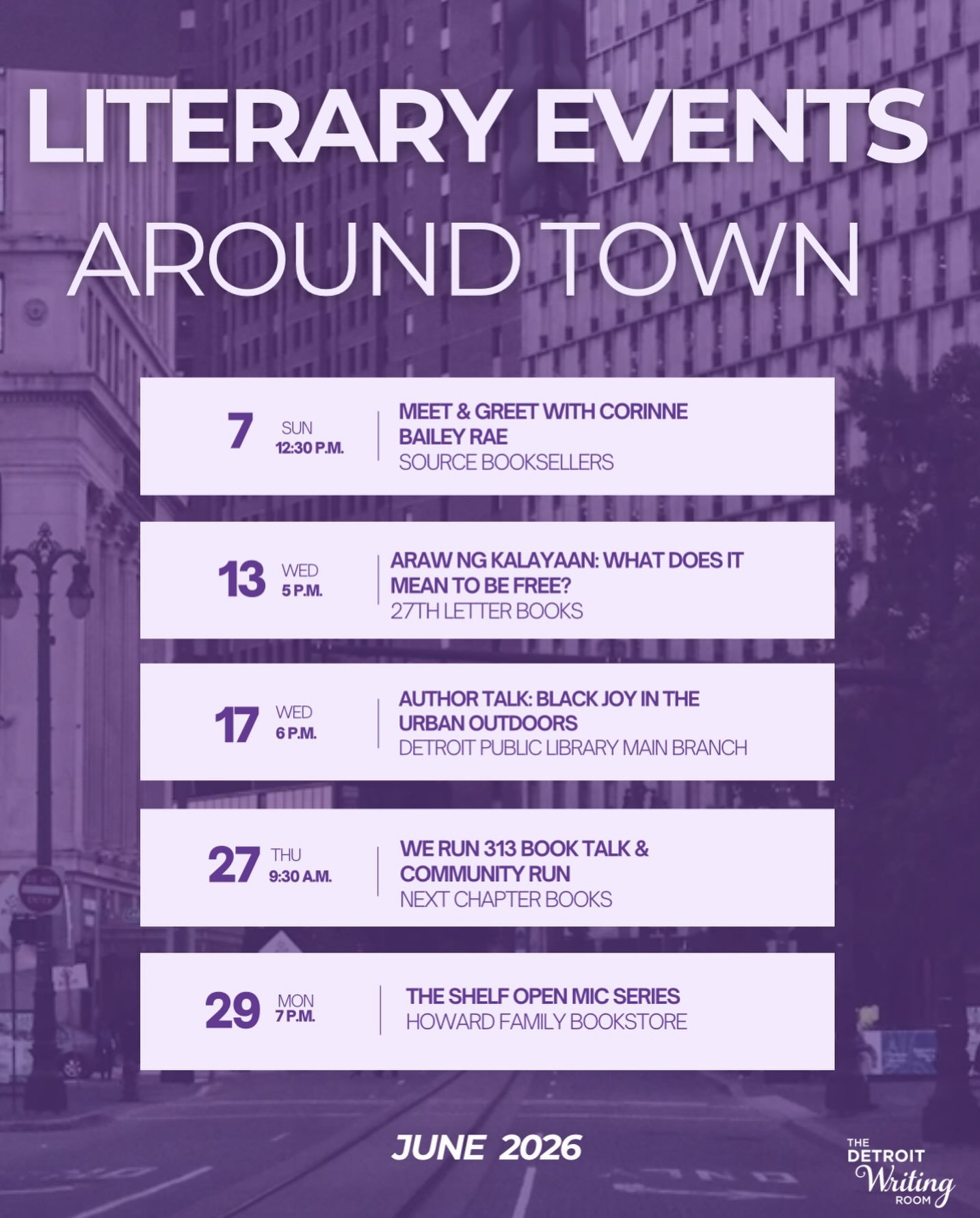 June is packed with books, poetry, storytelling and community events around Detroit 📚🤍💜
Check out these local events:

June 7 &ndash; Meet &amp; Greet with Corinne Bailey Rae at @sourcebooksellers 

June 13 &ndash; Araw NG Kalayaan: What Does It M