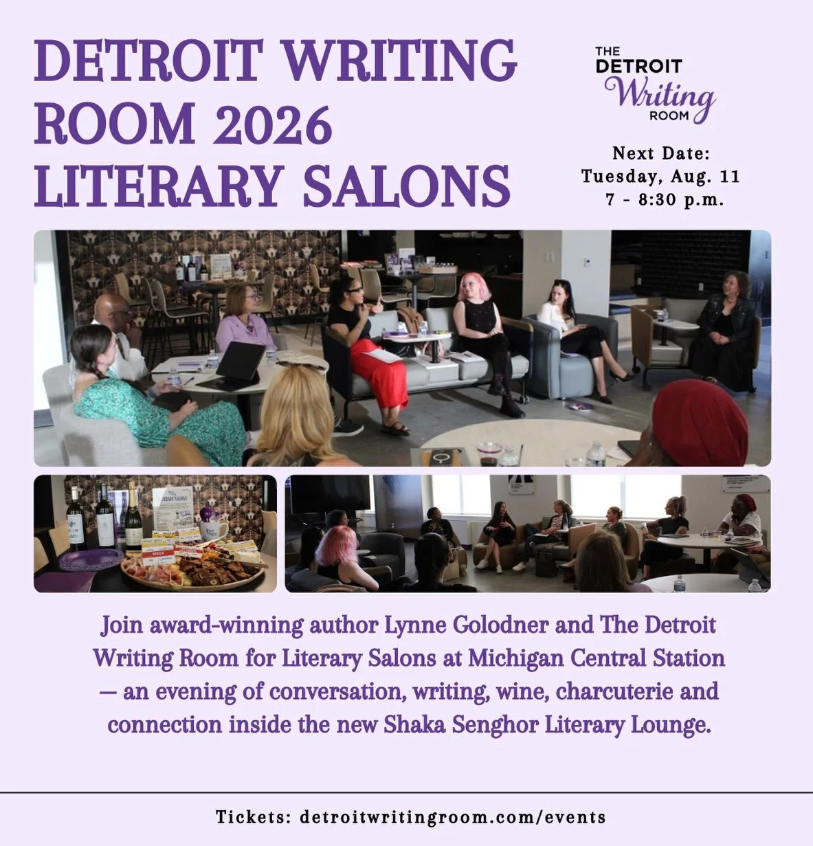 Join us for Literary Salons at @michigancentraldetroit! 💜✨

Spend an evening of conversation, creativity and connection with award-winning author @lynnegolodner  and The Detroit Writing Room inside the beautiful Shaka Senghor Literary Lounge. 🤍

En