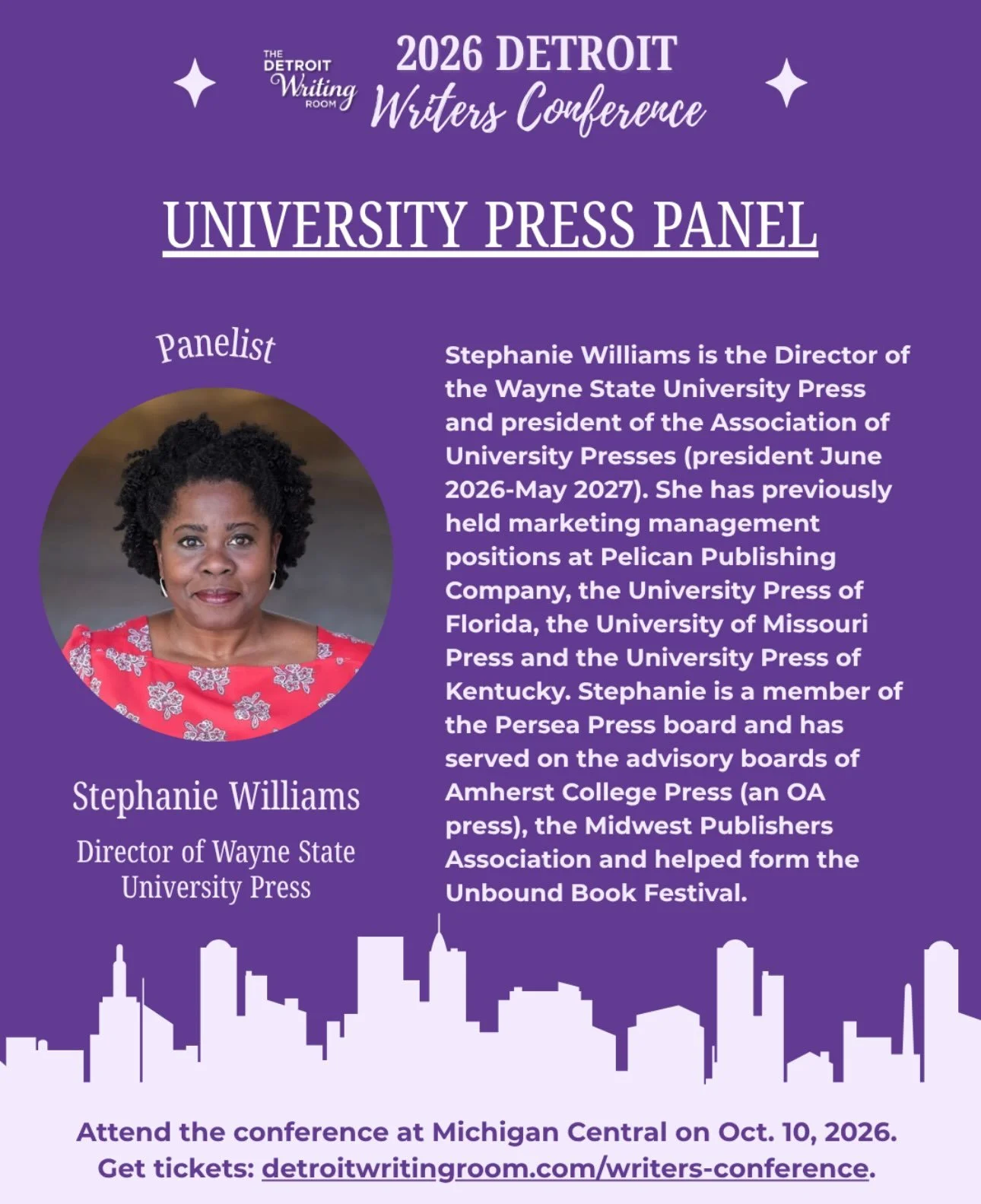 Panelist Spotlight ✨
Meet Stephanie Williams, director of @WSUPress, at the 2026 Detroit Writers Conference! 

She&rsquo;ll join the University Press Panel to share insights on academic publishing, university presses and the publishing industry. Plus