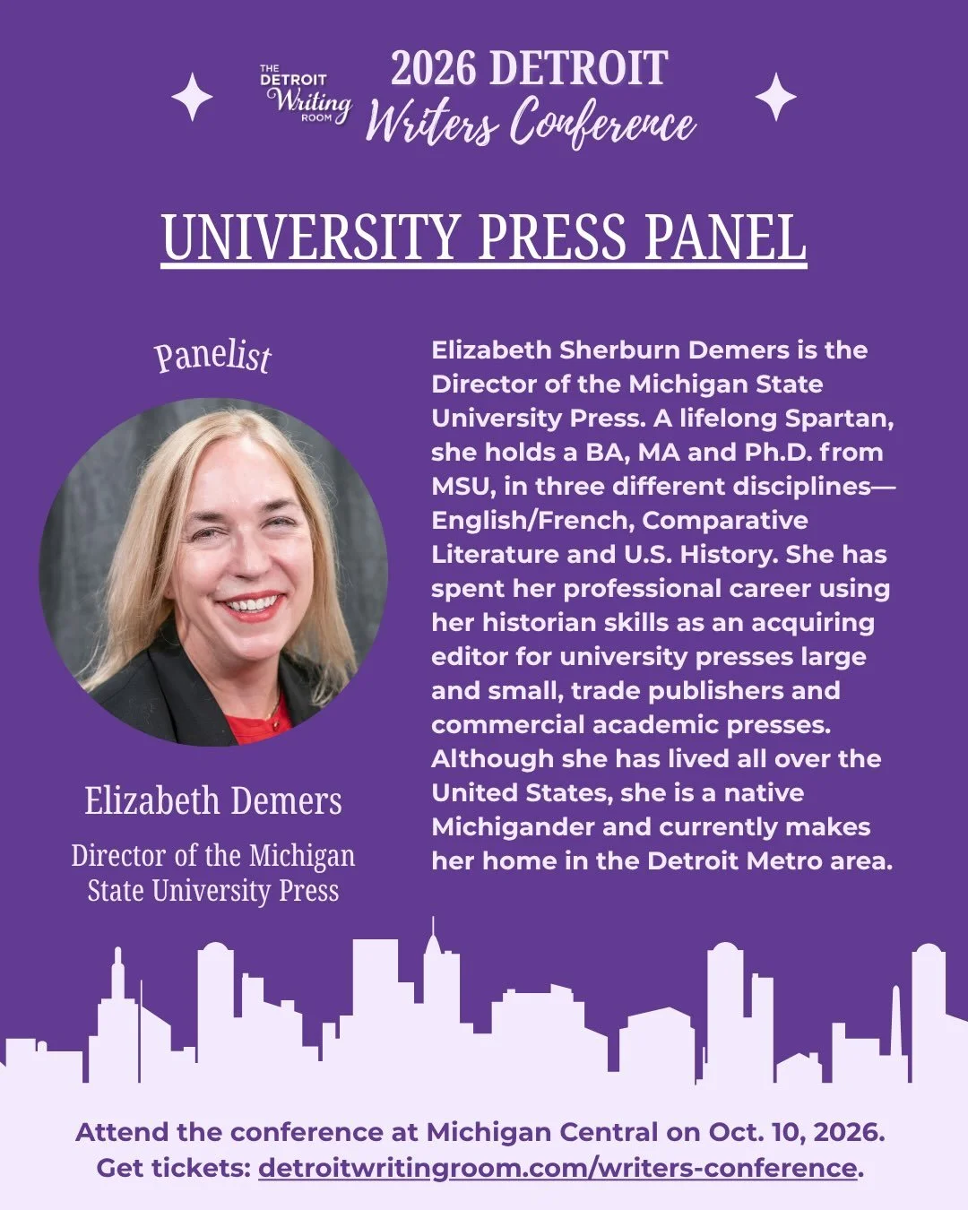 Panelist Spotlight ✨
 Meet @demers7735 , director of Michigan State University Press, at the 2026 Detroit Writers Conference!

She&rsquo;ll join the University Press Panel to share insights on academic publishing, university presses and the publishin