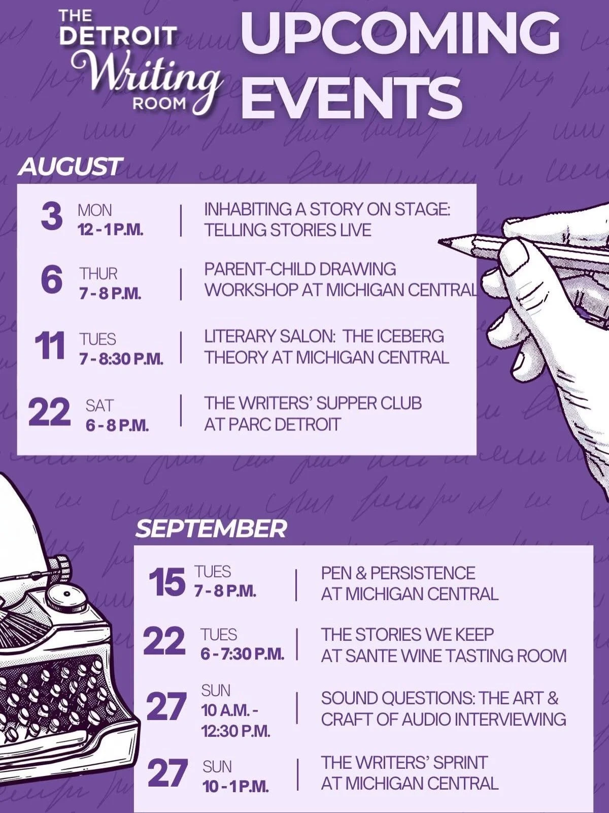 A look at what&rsquo;s coming up! 👀 Which event or workshop will we see you at? 

✨ Reserve your spot at detroitwritingroom.com/events.

💜🖊️
#detroitwritingroom #writingworkshops #detroitevents #detroitwriters