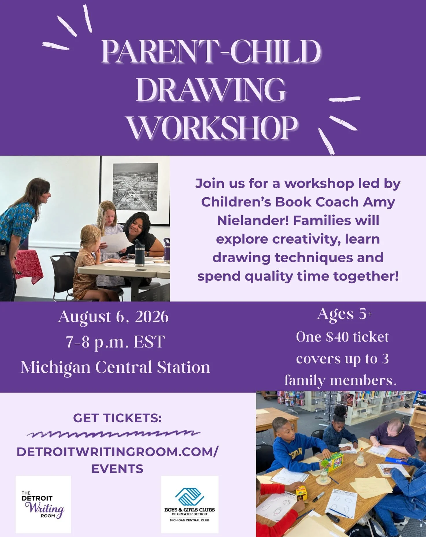Looking for a fun way to connect with your child? ✨
This is your reminder to sign up for our Parent-Child Drawing Workshop with Detroit Writing Room Coach @amynielander!

Children and caregivers will work side by side to create original characters, s