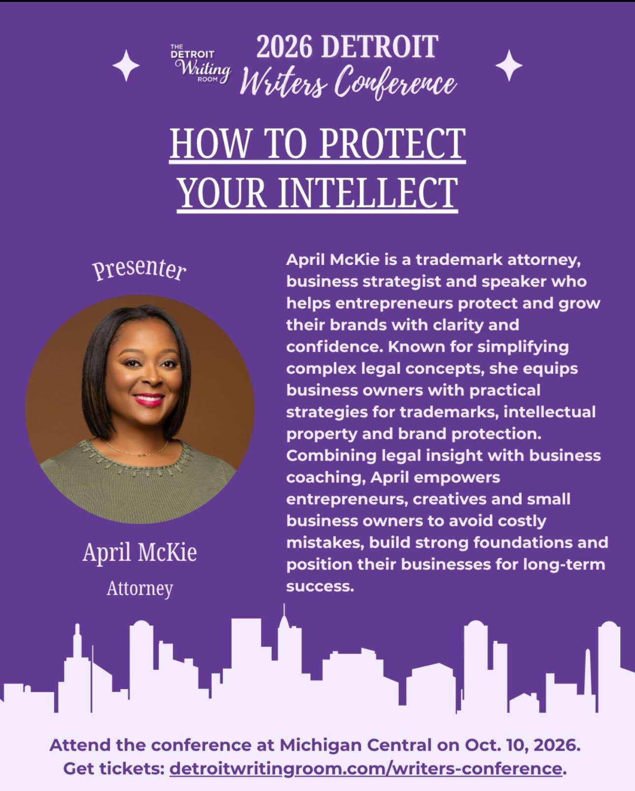⚖️ Presenter Spotlight ✨

Meet @aprilthestrategist , managing attorney at ALM Legacy Legal, PLLC, at the 2026 Detroit Writers Conference!

She&rsquo;ll lead How to Protect Your Intellect, an interactive workshop covering the essentials of trademarks 