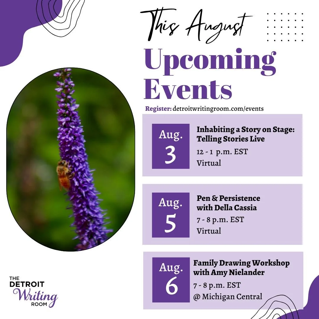 Hello August! 🔆 We have many creative experiences this month! 

Join us for writing and drawing workshops, writer meetups and our new Writers' Supper Club launching Aug. 22!

Writing Room members get 20% off tickets or free admission for select even
