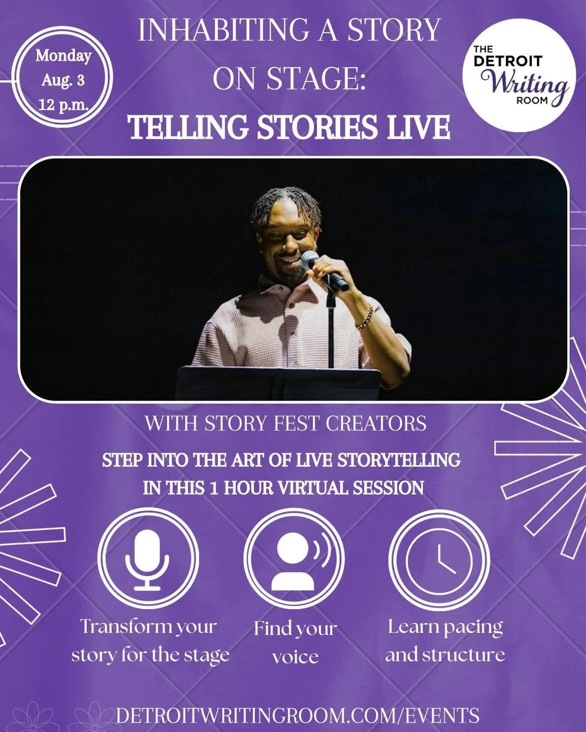 Join us for "Inhabiting a Story on Stage" tomorrow at noon! ✨🎙

Step into the art of live storytelling in a one-hour virtual session led by the creators and producers of Detroit Story Fest (@storyfeststoryfest). 

The session is designed f