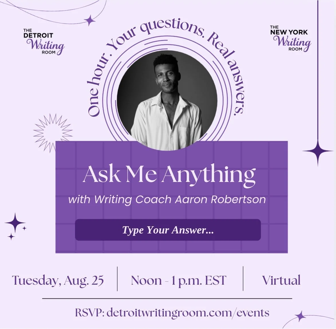 Writing Room members are invited to join DWR Coach Aaron Robertson to ask him anything! ✨

Come with questions about a personal project or seek writing advice from Aaron, an editor, translator and author of &ldquo;The Black Utopians.&rdquo; 

This is