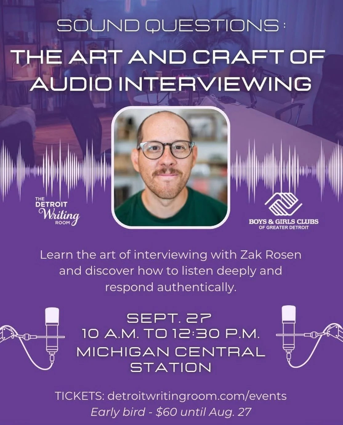The early bird rate for &ldquo;Sound Questions: The Art &amp; Craft of Audio Interviewing&rdquo; ends next week! 🎙️

Join Detroit Writing Room coach and public radio and podcast veteran @muzachary at Michigan Central!

Whether you&rsquo;re an aspiri