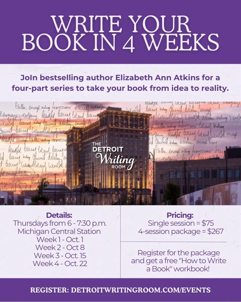 New Fall Workshop Series!

Join Detroit Writing Room Coach @elizabethannatkins for two 4-part courses at @michigancentraldetroit starting this October!

Elizabeth is a trusted expert who has helped hundreds of authors across America turn scattered id