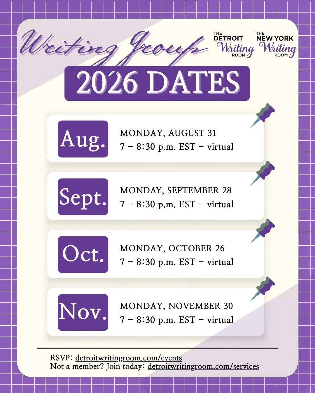 Interested in feedback on your writing? 

Writing Room members can attend our monthly fiction and non-fiction Writing Groups to get feedback from coaches and fellow writers! Each participant can share up to 2 pages of their work, or come just to list
