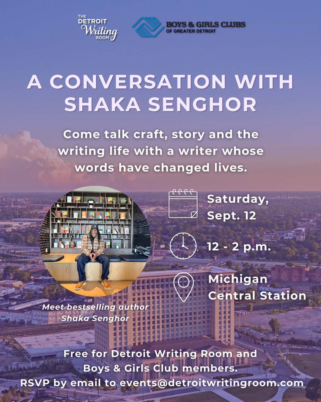 Detroit Writing Room members are invited to join @shakasenghor in @michigancentraldetroit's Shaka Senghor Literary Lounge for an afternoon!

Shaka is an acclaimed New York Times bestselling author and prison reform advocate. His latest book "How