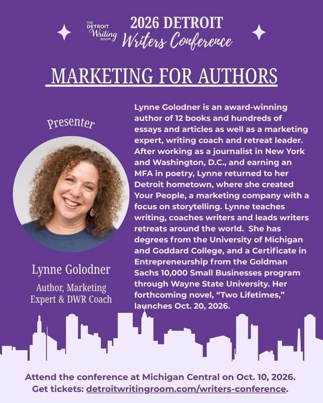 Meet DWR coach, author and marketing expert @lynnegolodner at our Detroit Writers Conference on Oct. 10! 

Lynne is leading &ldquo;Marketing for Authors.&rdquo; In this session, Lynne will share insights on: 
🖊 How to build a compelling and consiste