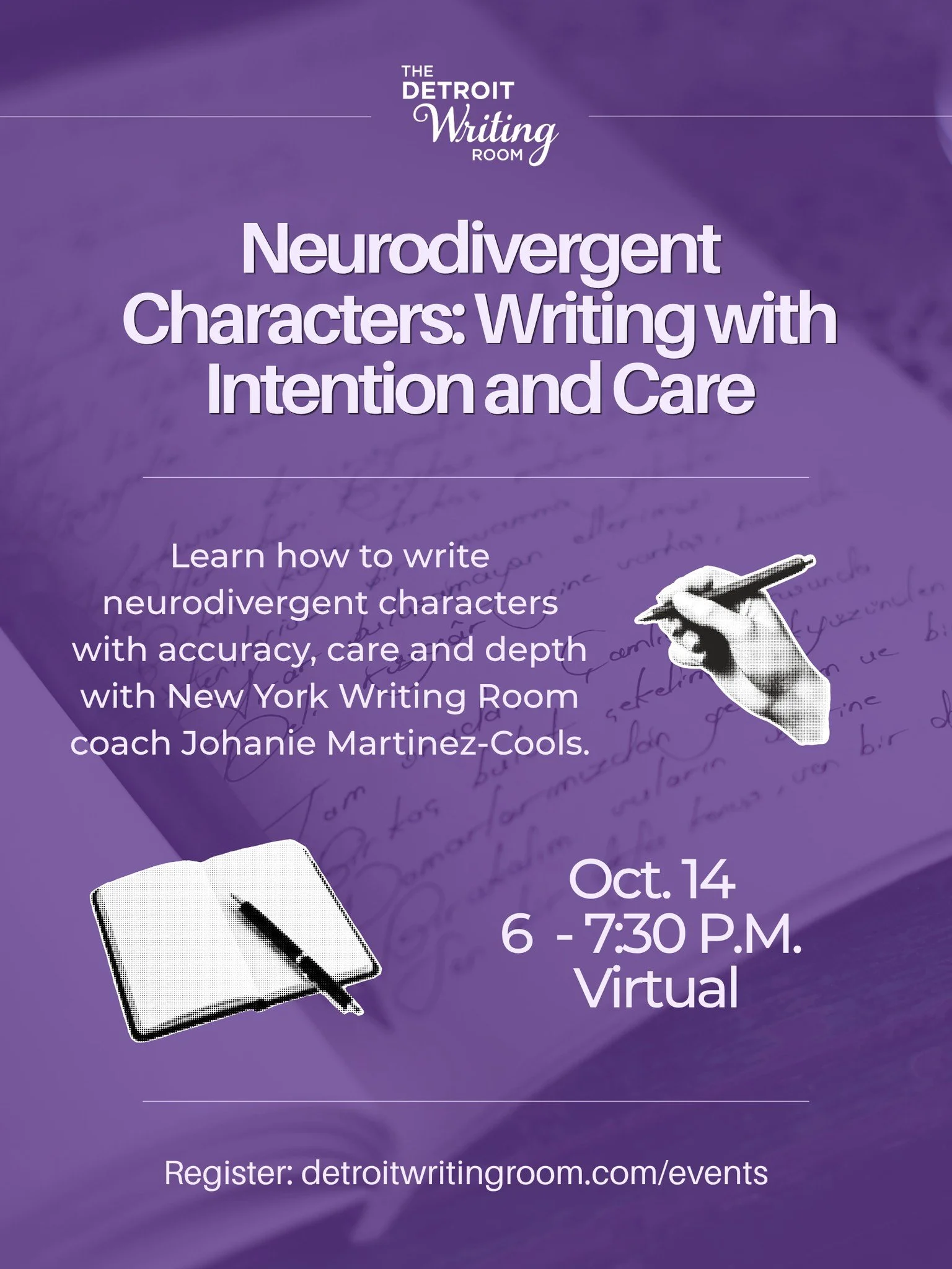 Representation matters. Write with intention. Write with care. 💜
Join New York Writing Room Coach Johanie Martinez-Cools for a virtual workshop on how to write neurodivergent characters mindfully and accurately.
We&rsquo;ll explore four lived identi