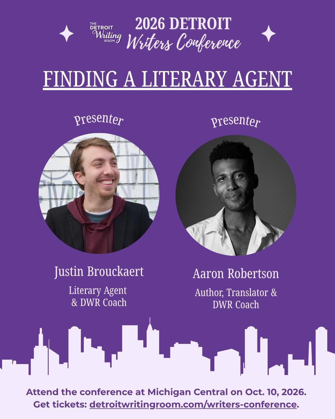 Meet DWR coaches Justin Brouckaert and Aaron Robertson at our Detroit Writers Conference on Oct. 10! 

The literary agent and author will be leading "How to Find a Literary Agent." During the conversation, the two will cover the best ways t