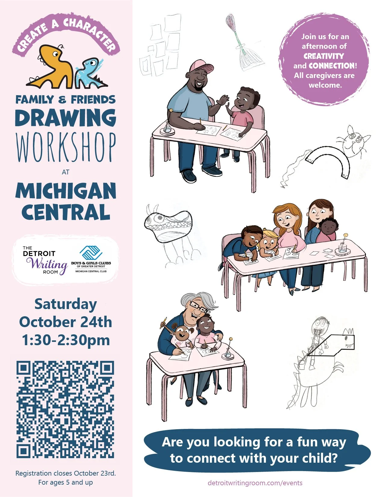 Unlock your inner child with our Family and Friends Drawing Workshop!

Are you looking for a fun way to connect with your child? Join Detroit Writing Room Coach @amynielander for a hands-on drawing workshop featuring the Create a Character Activity. 