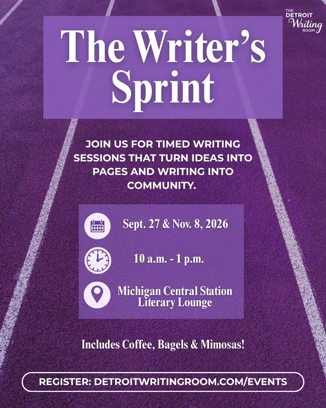 Need a moment to focus? 

Join us at Michigan Central Station's Literary Lounge for timed writing sessions with breaks, coffee and conversation! 

Hosted by Detroit Writing Room workshop leader Jen Williams, The Writer&rsquo;s Sprint is designed to h