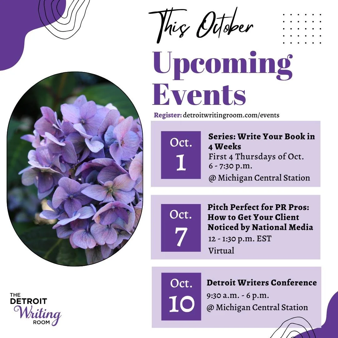 Happy October! This month, join us for writing workshops, our Detroit Writers Conference, character building and much more!🎃💜

🎟️See more details and reserve tickets at detroitwritingroom.com/events
✍️Become a member to attend member-only events a