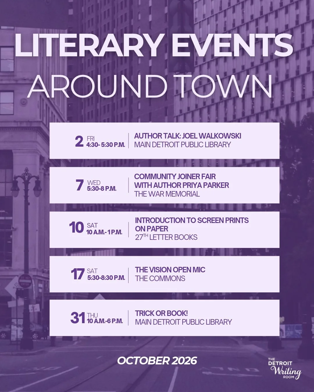 October is full of literary events in the city of Detroit! Find opportunities to connect with authors, artists and open mic nights! 🏙️💜

Check out these local events:

Oct. 2 - Author talk with Joel Walkowski, writer of &ldquo;Honolulu Blues: How L
