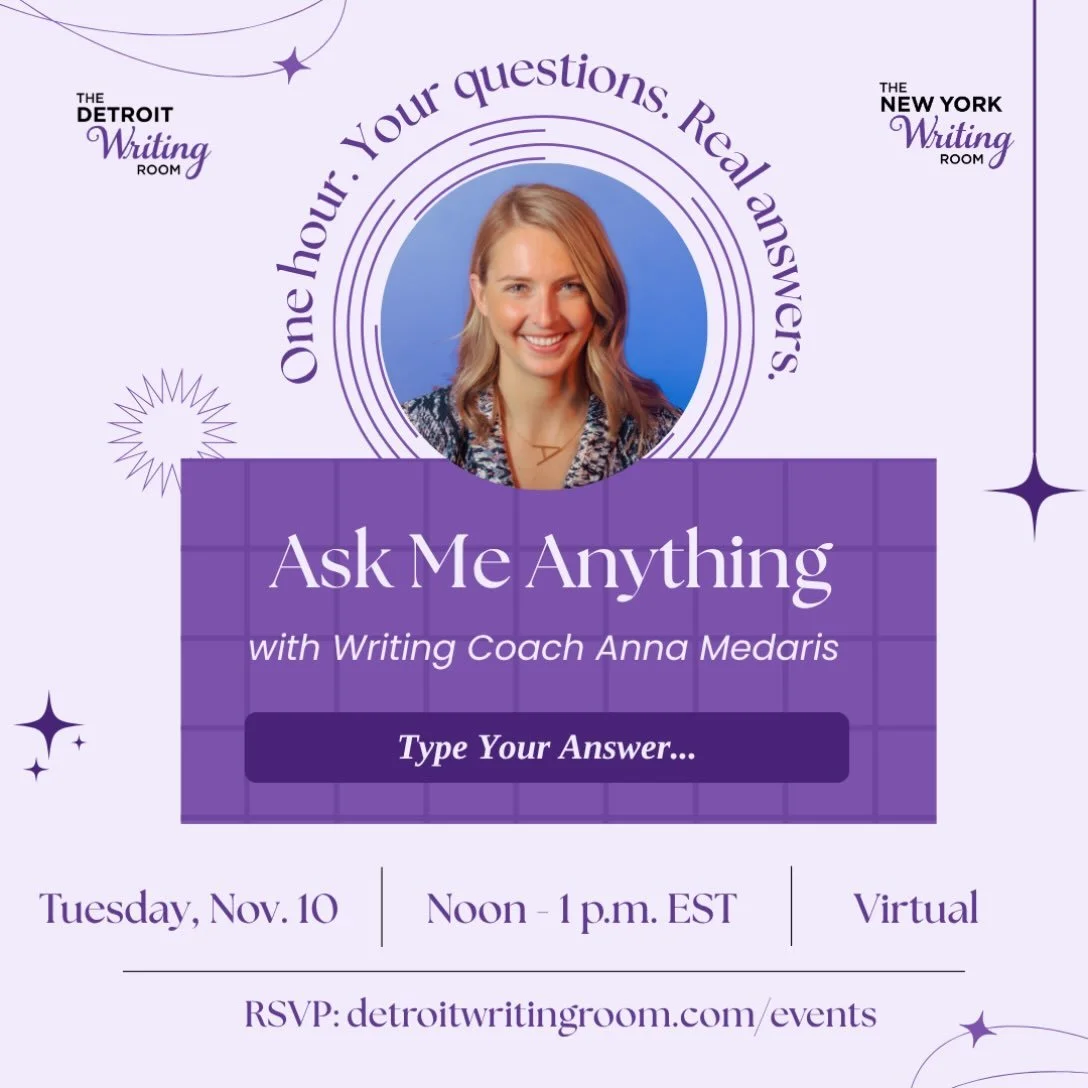 Writing Room members are invited to join @NewYorkWritingRoom Coach @AnnaMedaris to ask her anything!

Come with questions about a personal project or seek writing advice from Anna, an award-winning journalist. 

This is an open hour to ask questions 
