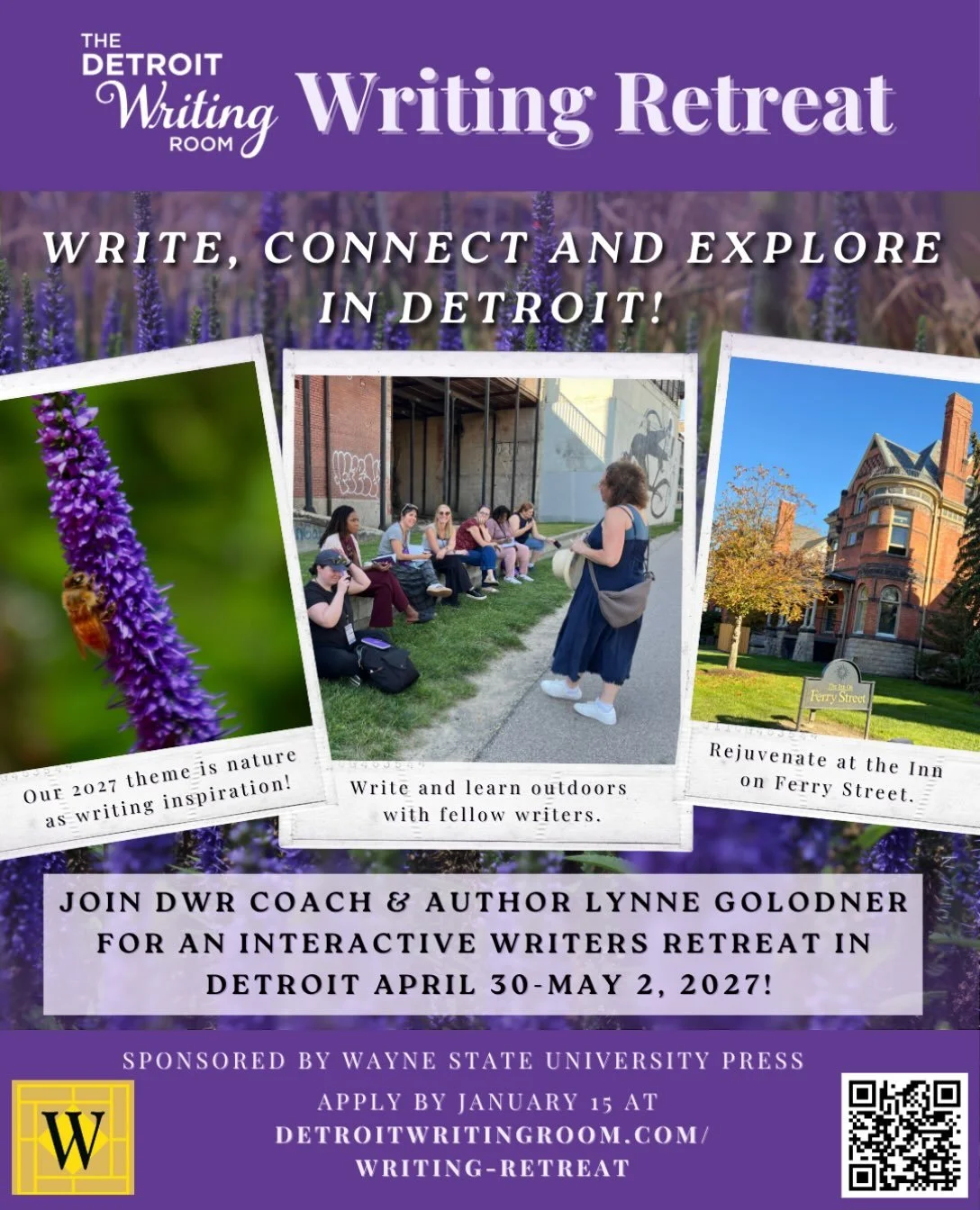Applications for our 2027 Writing Retreat are now open! 

Join DWR coach and author @LynneGolodner for our 3rd annual Writing Retreat in downtown Detroit! The 2027 theme is nature as writing inspiration. 🖊️🌳✨

Writers will spend time outdoors in un