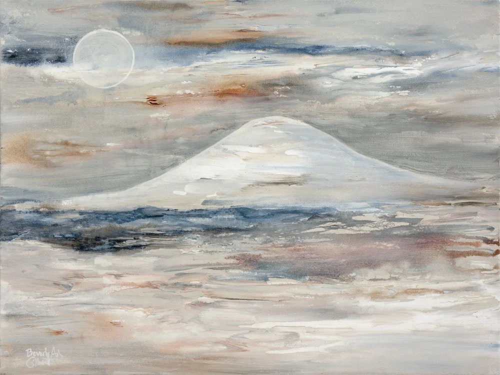 abstract white mountain painting on a cloudy day