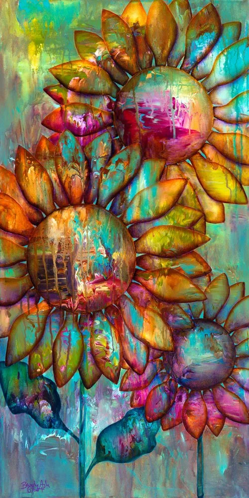 Abstract sunflower painting in orange, teal and pink