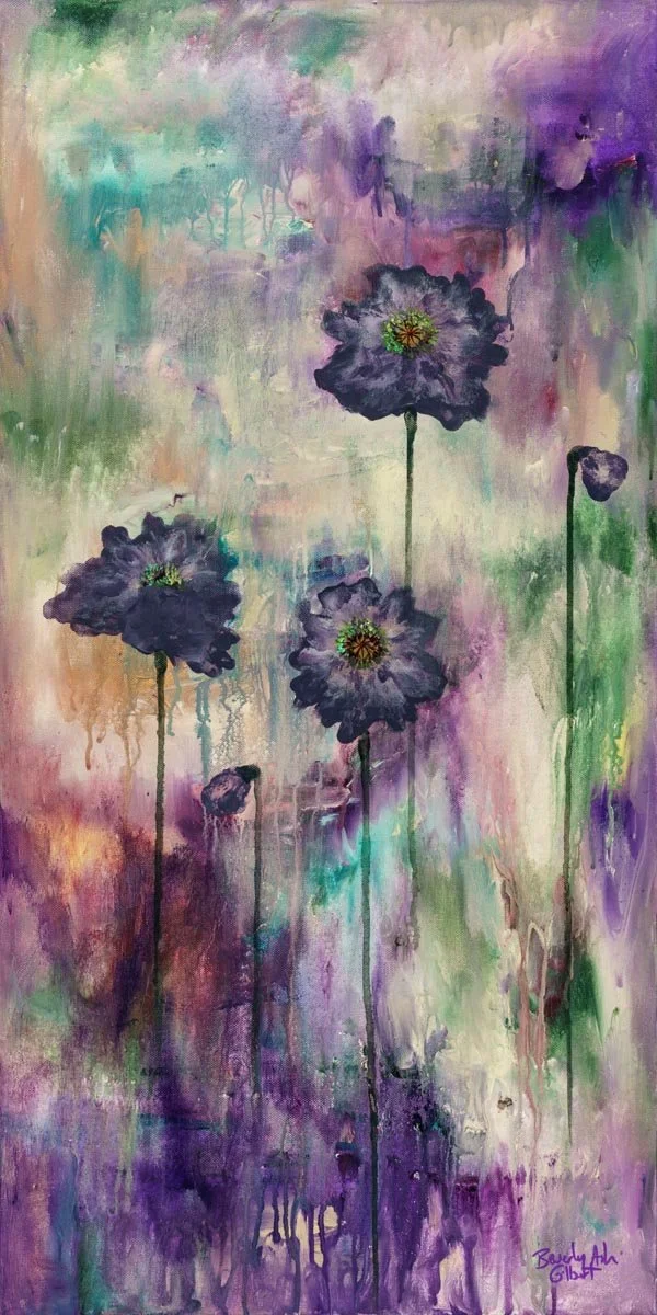 Abstract painting of poppies in purple, green and beige