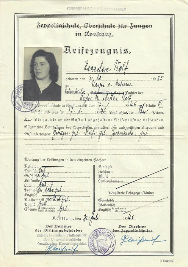 Reifezeugnis von Hannelore Wolf, 31. Juli 1946
