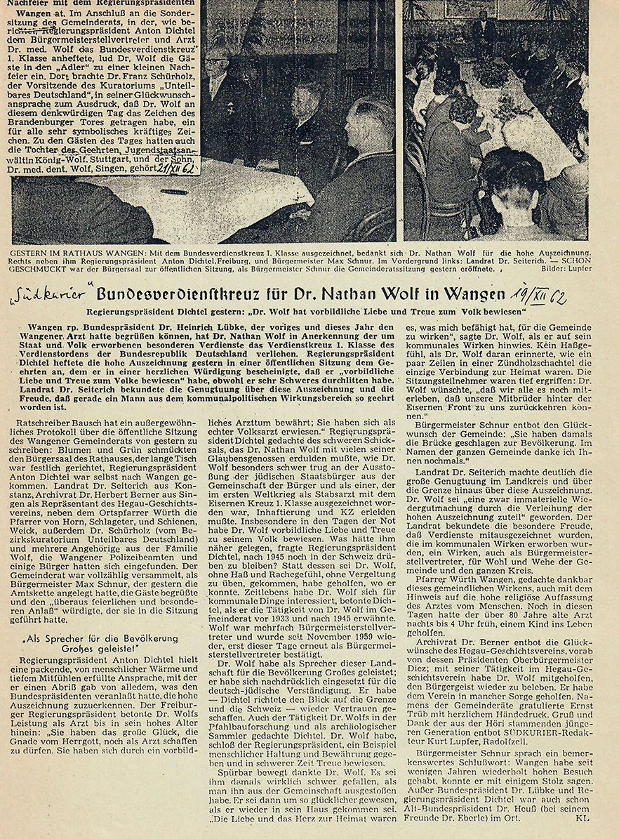 Am 19. Dezember 1962 berichtet der Südkurier aus Wangen