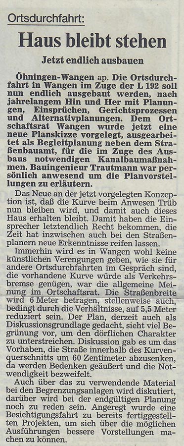 Ende der 80er Jahre wird die neue Planvariante vorgestellt, die Rücksicht auf das alte Dorf nimmt. Südkurier vom 27. April 1989.