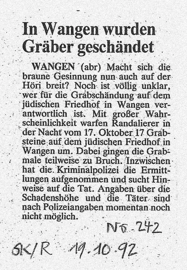 Meldung im Südkurier vom 19. 10.1992