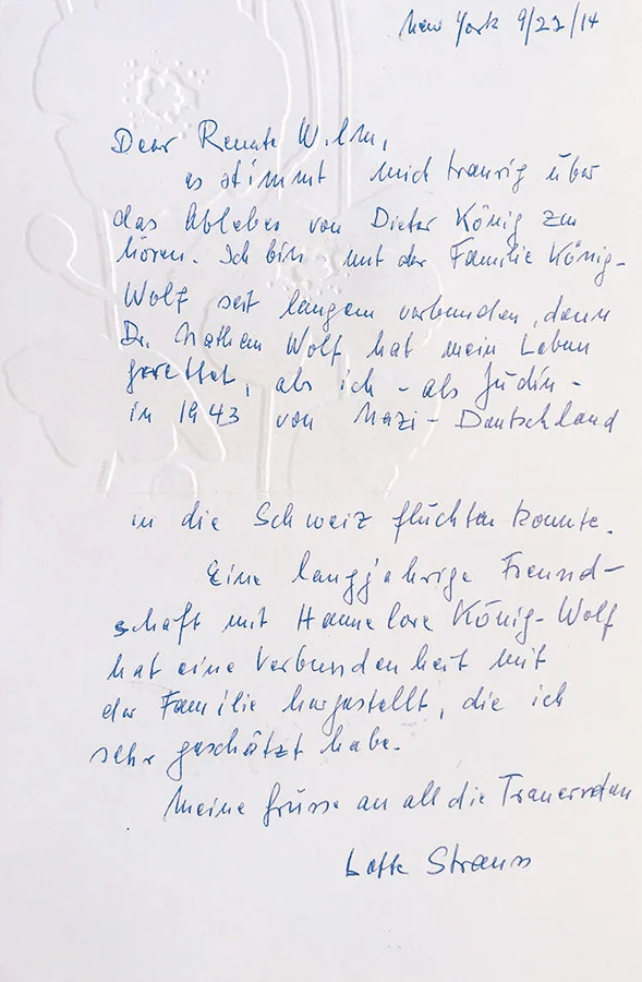 Trauerkarte von Lotte Strauss zum Tod von Dieter König, 2014