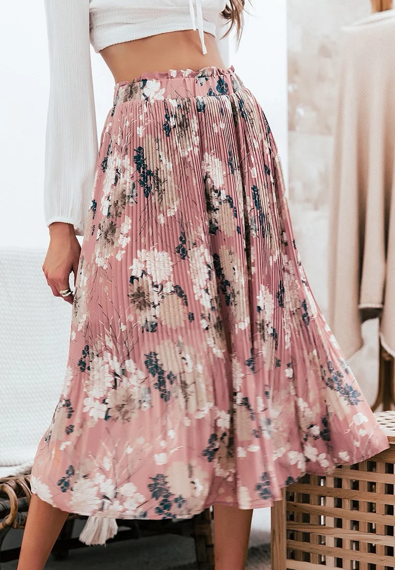 Pink Pleated Floral Maxi Skirt