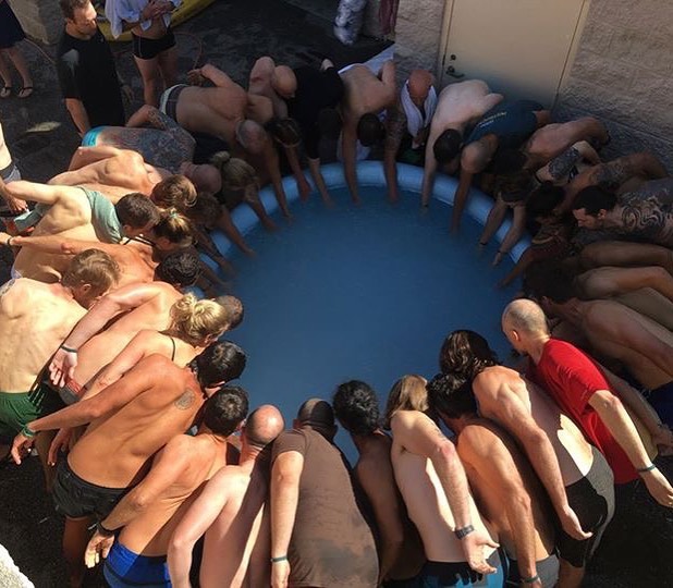 Hands in ice with an amazing group at the Wim Hof Method Advanced Course 2017.  How do you deal with pain?