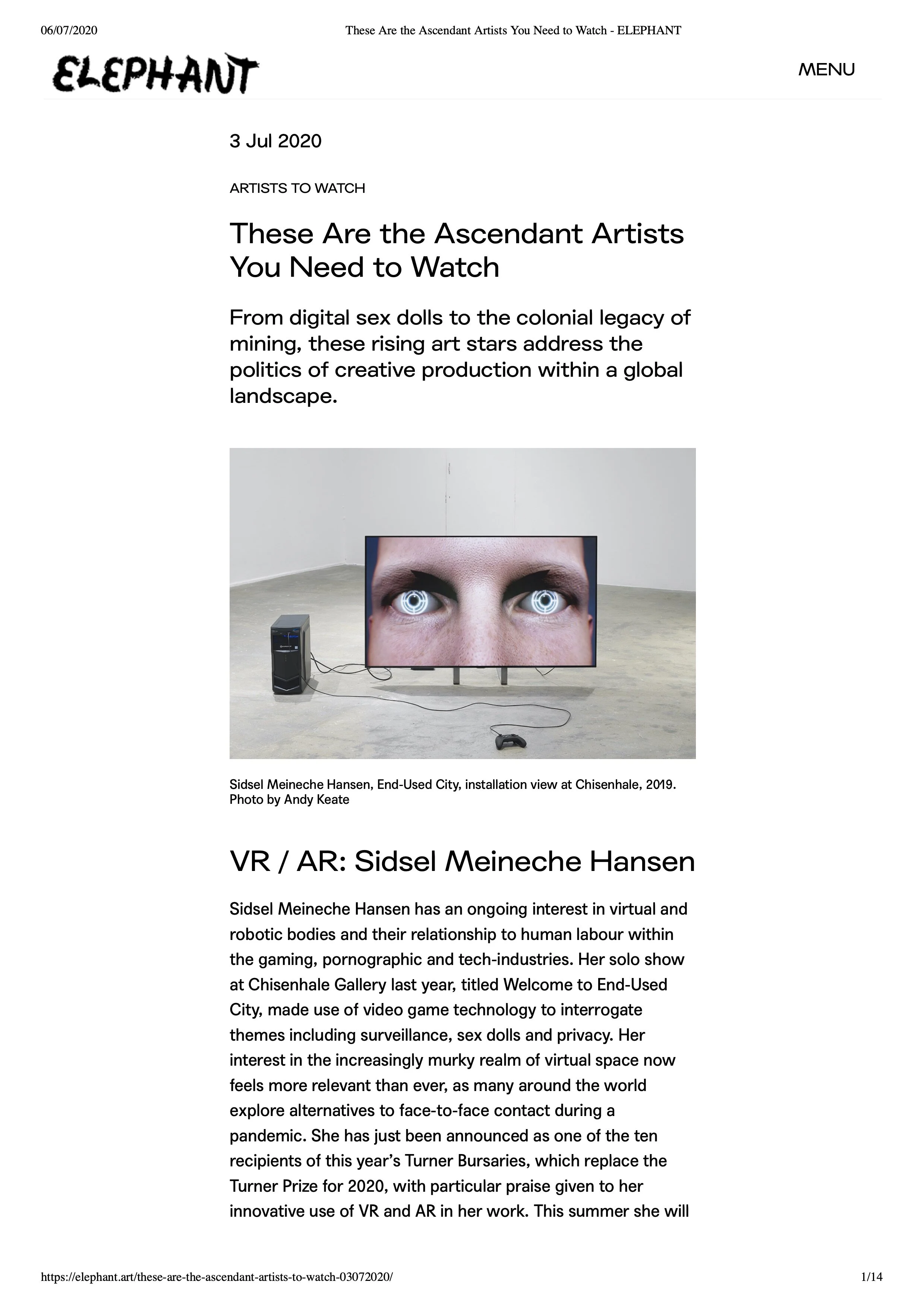 Anousha Payne: and here she dwells featured in Elephant, July 2020 