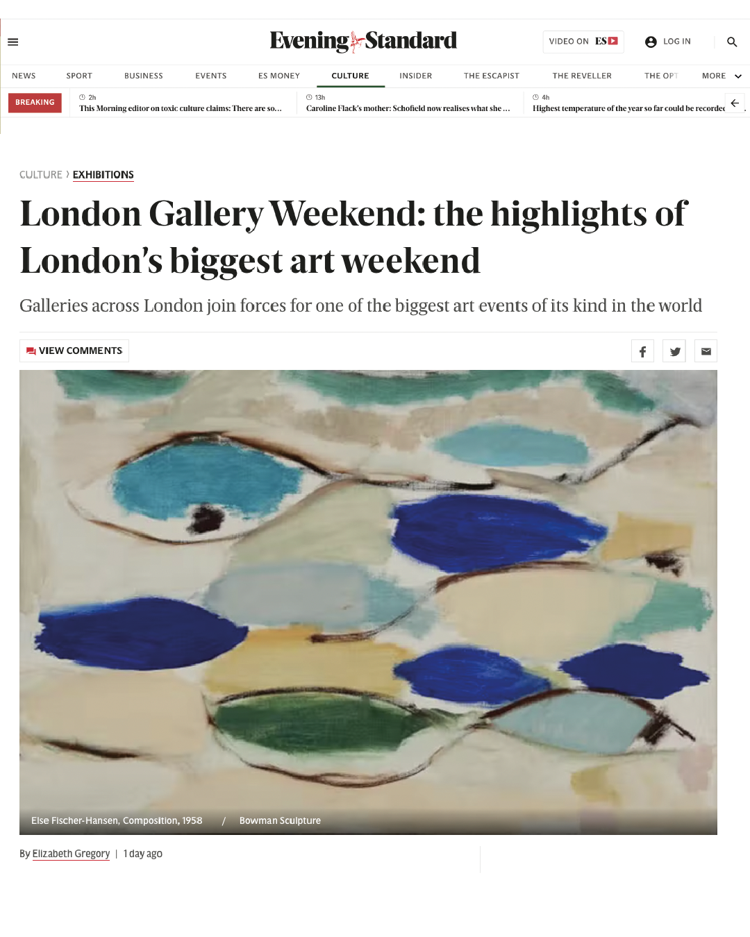 Waterscapes featured in Evening Standard's London Gallery Weekend roundup.