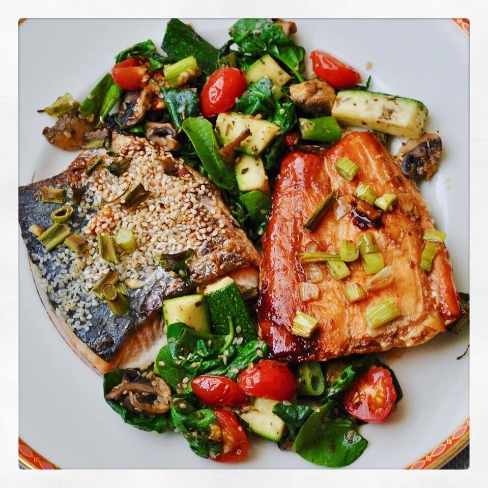 Grilled salmon teriyaki with stir fried vegetables