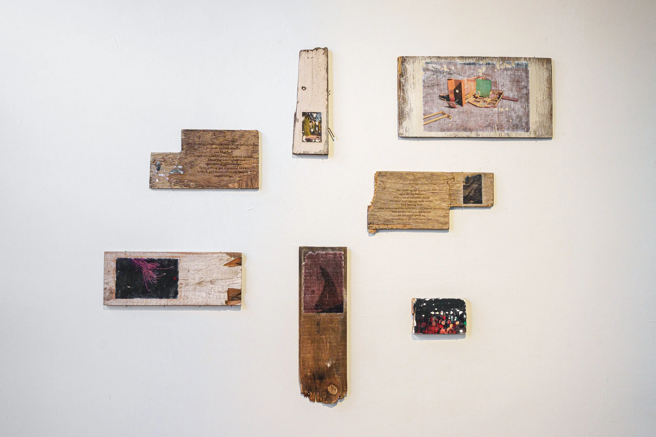  Installation view from the group exhibition “Border as Network” at Pidgin Palace Arts, Tucson, AZ, 2025.     Long Way From Home  is an assemblage that combines cast-off pieces of wood gathered from an industrial suburb of Hermosillo, Sonora, image t