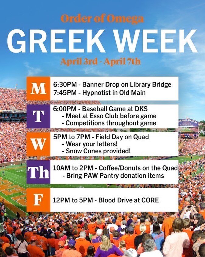 Repost from @cuorderofomega 
&bull;
This week is Greek week!!
&bull;
Greek week is a long-standing tradition of events to unite all of Greek life, celebrate our year-long achievements, and give back to the Clemson community. All organizations have be