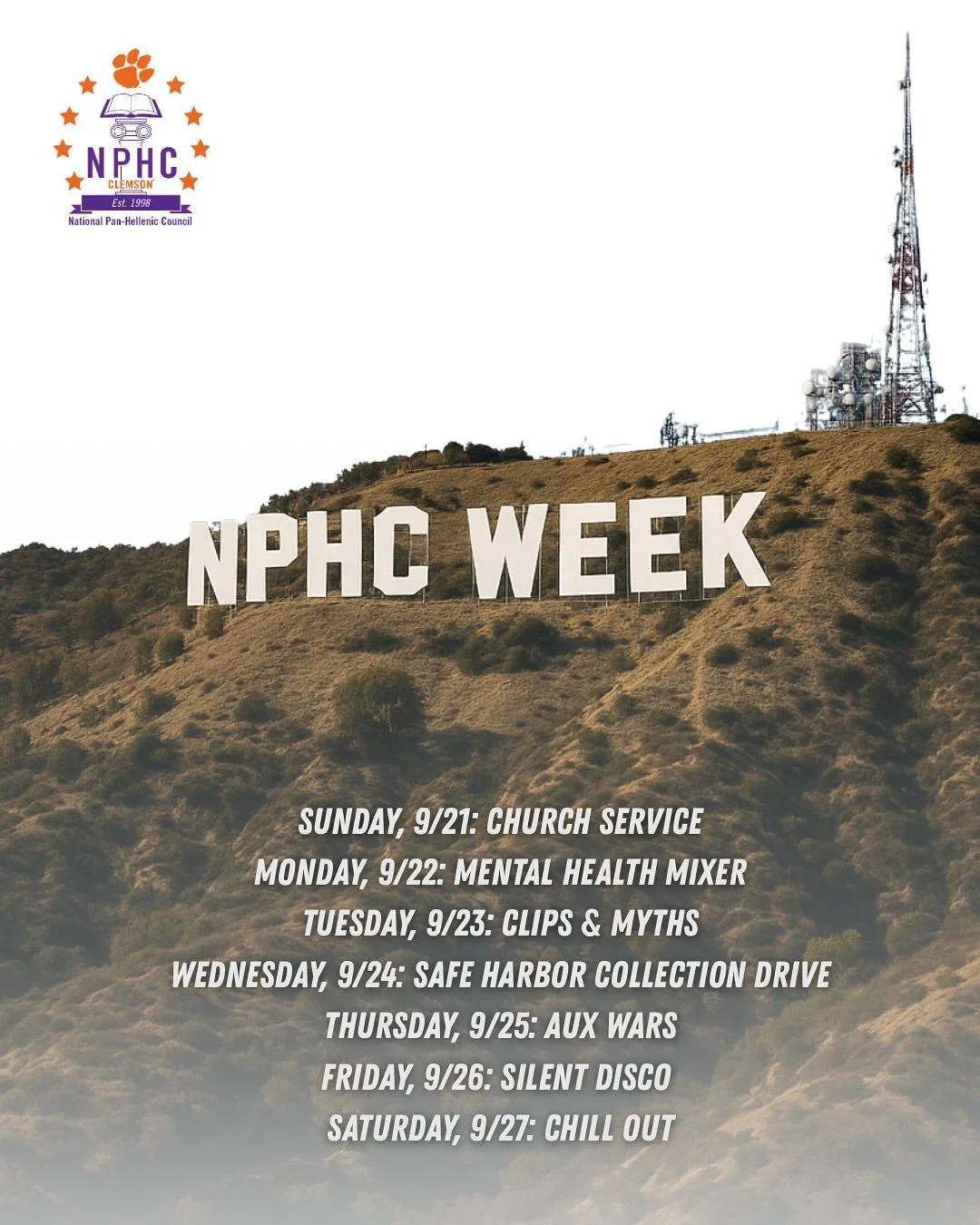 The Captivating Clemson NPHC invites you to walk the red carpet with us for our Hollywood Week of Events! From community, to wellness, to fun under the lights—we’ve got something for everyone! 🎬 ✨
Our Feature Lineup:
✨ Sun 9/21 –