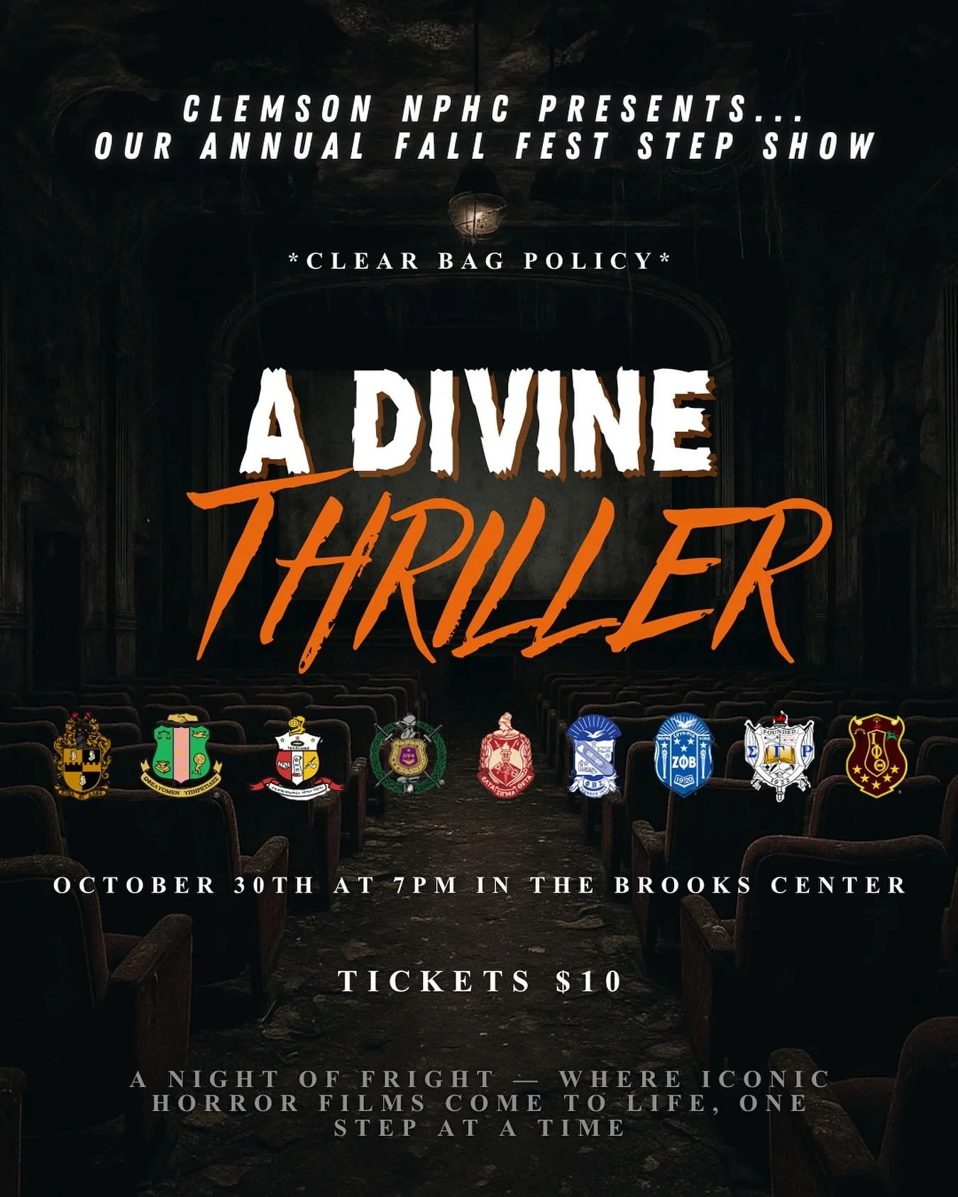 The Captivating Clemson NPHC is excited to announce that we are BACK for our Annual Fall Fest 2025 Step Show! π¬β¨π
This year we are bringing A Divine Thriller to Clemson’s campus — where iconic horror films come to life, one step at a t