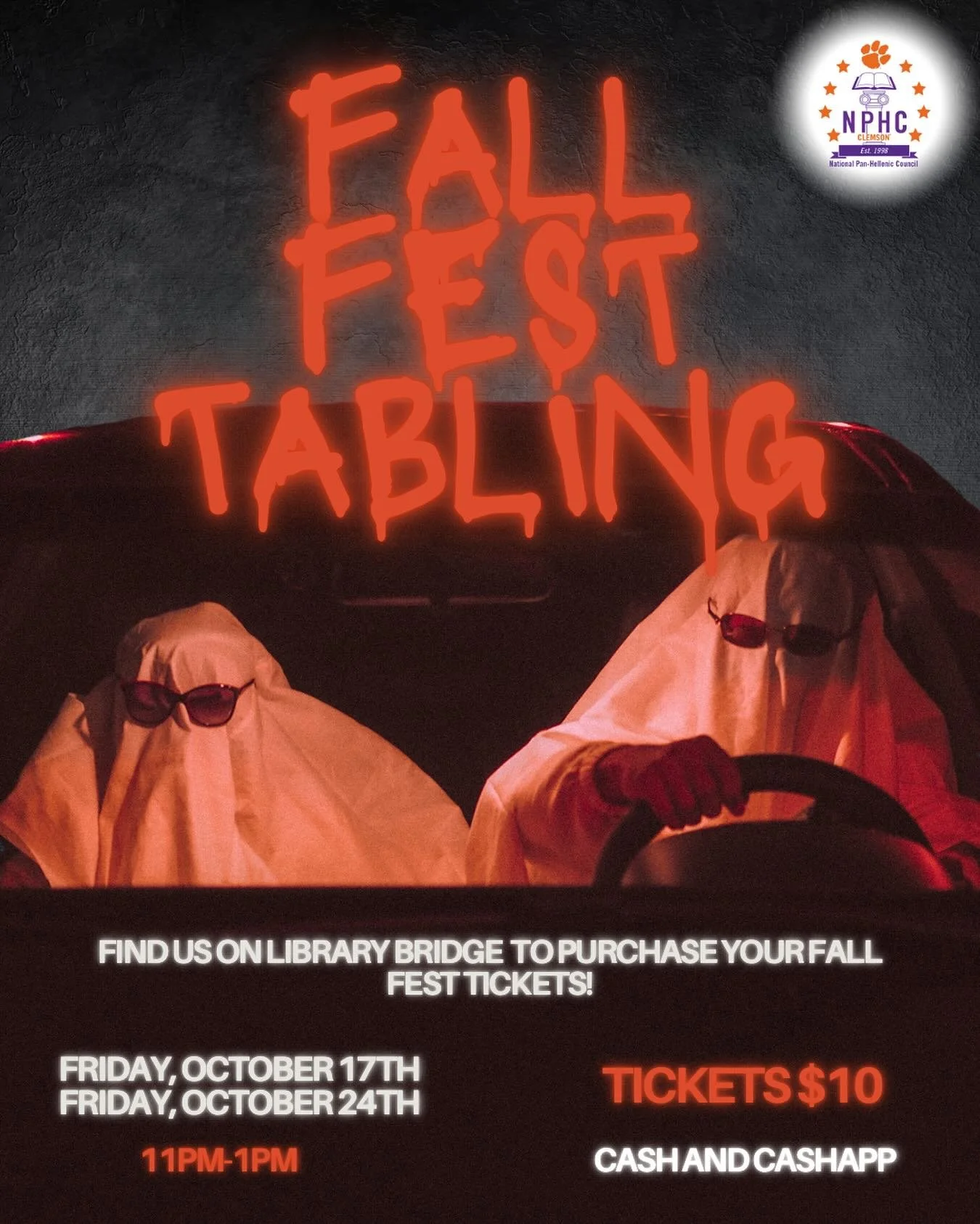 The Captivating Clemson NPHC will be tabling on Library Bridge from 11PM-1PM THIS Friday (10/17) and NEXT Friday (10/24)! Come grab a physical Fall Fest ticket for just $10 — no online service fee! ποΈβ¨