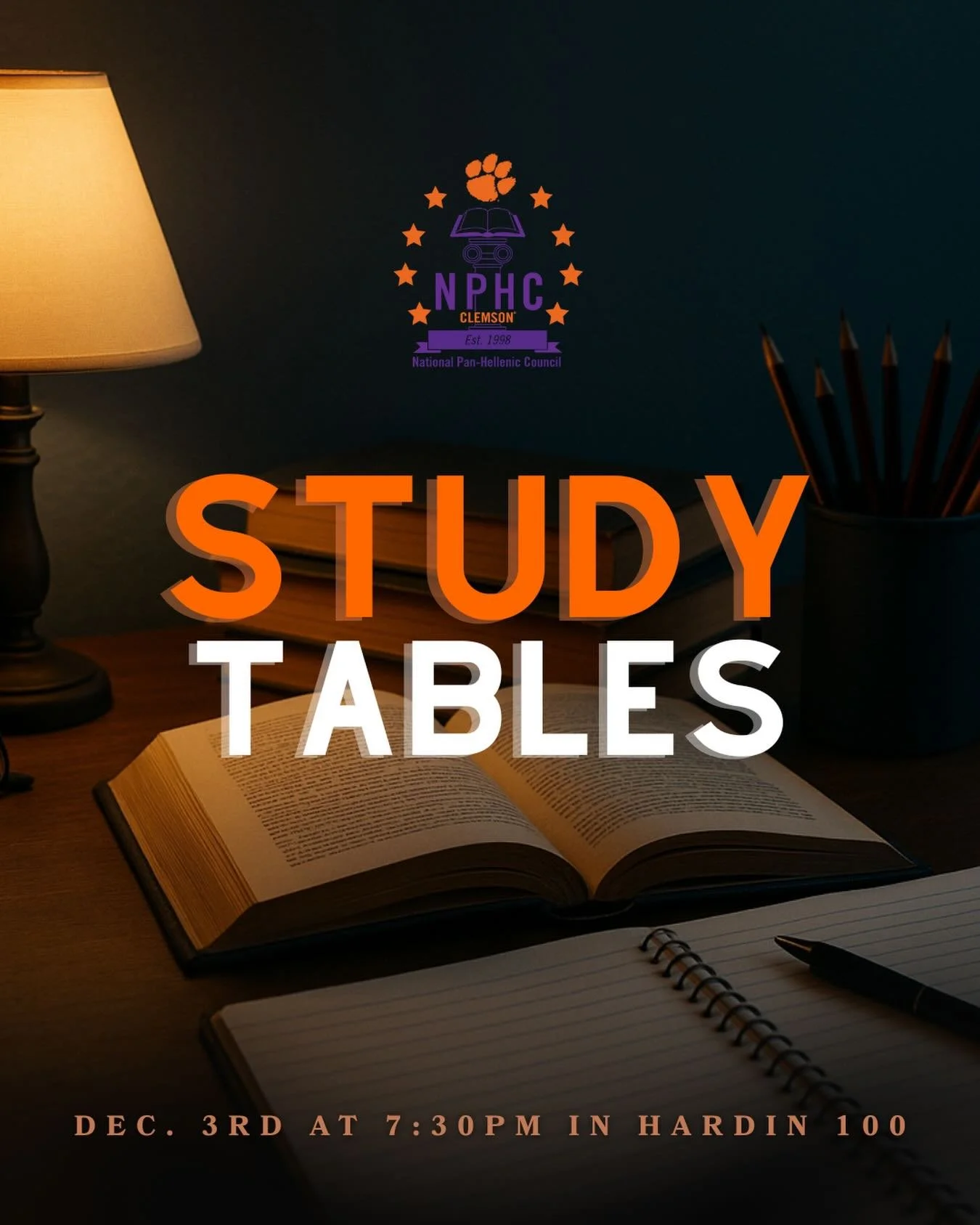 Finals season is here! 

Come study, recharge, and get things done with NPHC at Study Tables &mdash; Dec 3rd &bull; 7:30PM &bull; Hardin 100 📚