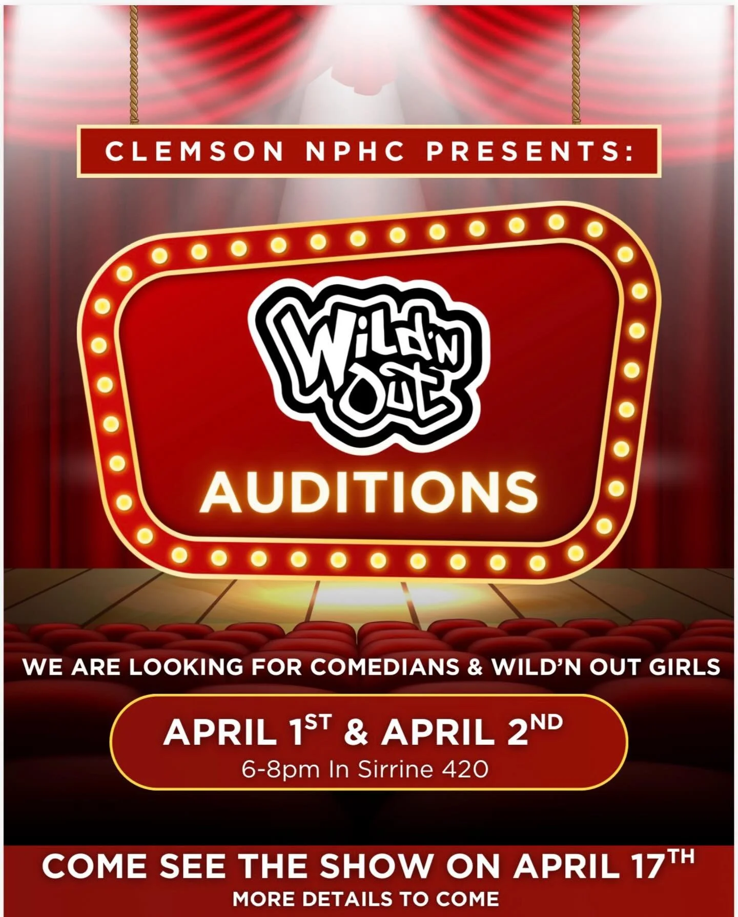 The MIC is open!🎤 
Wild &lsquo;N Out Cast &amp; Wild &lsquo;N Out Girls Auditions! 
📅 April 1st and 2nd 
Bring the comedy. Bring the freestyle and let&rsquo;s see who&rsquo;s really WILD &lsquo;N OUT READY!!!